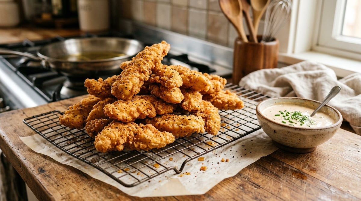 Freshly fried chicken fries stacked on a wire rack, with golden crispy coating, visible seasoning sp