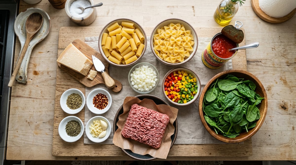 Bright top-down photo of ingredients grouped on a kitchen counter: raw ground Italian sausage, bowls