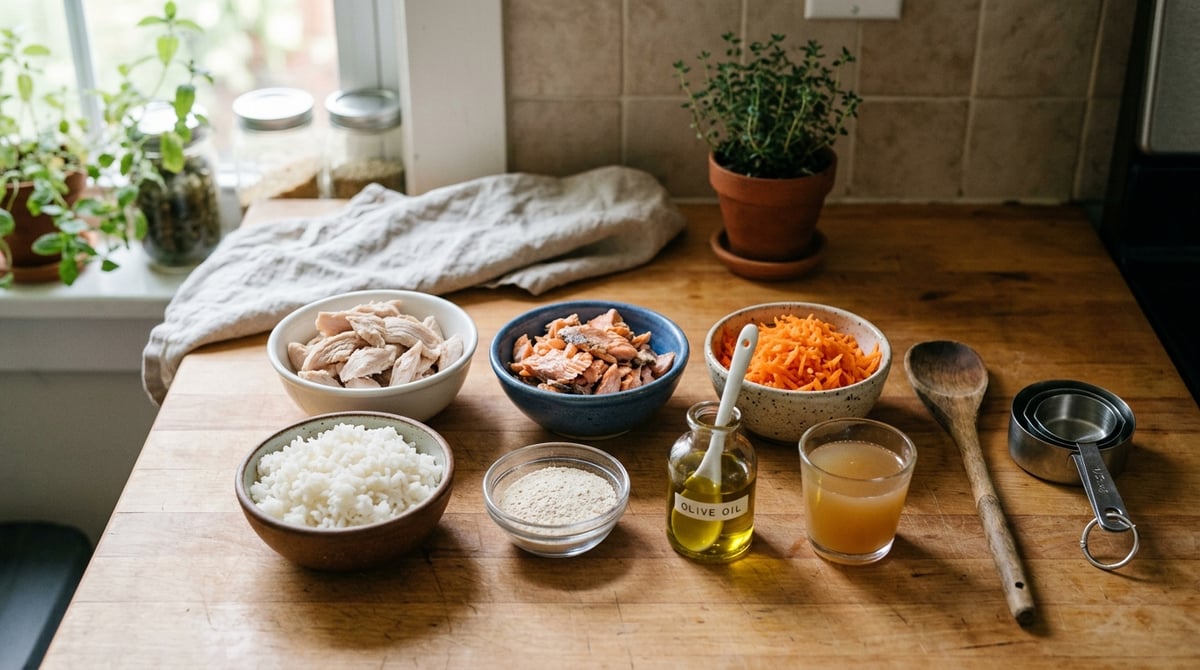 A clean countertop with small bowls of each ingredient for homemade cat food: cooked chicken breast,