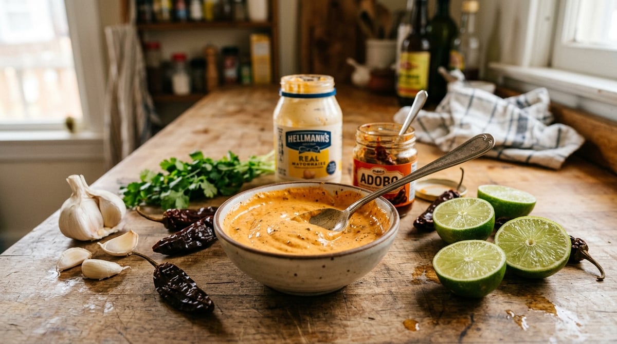Close-up of a bowl of chipotle mayo with a spoon, surrounded by scattered chipotle peppers, halved l